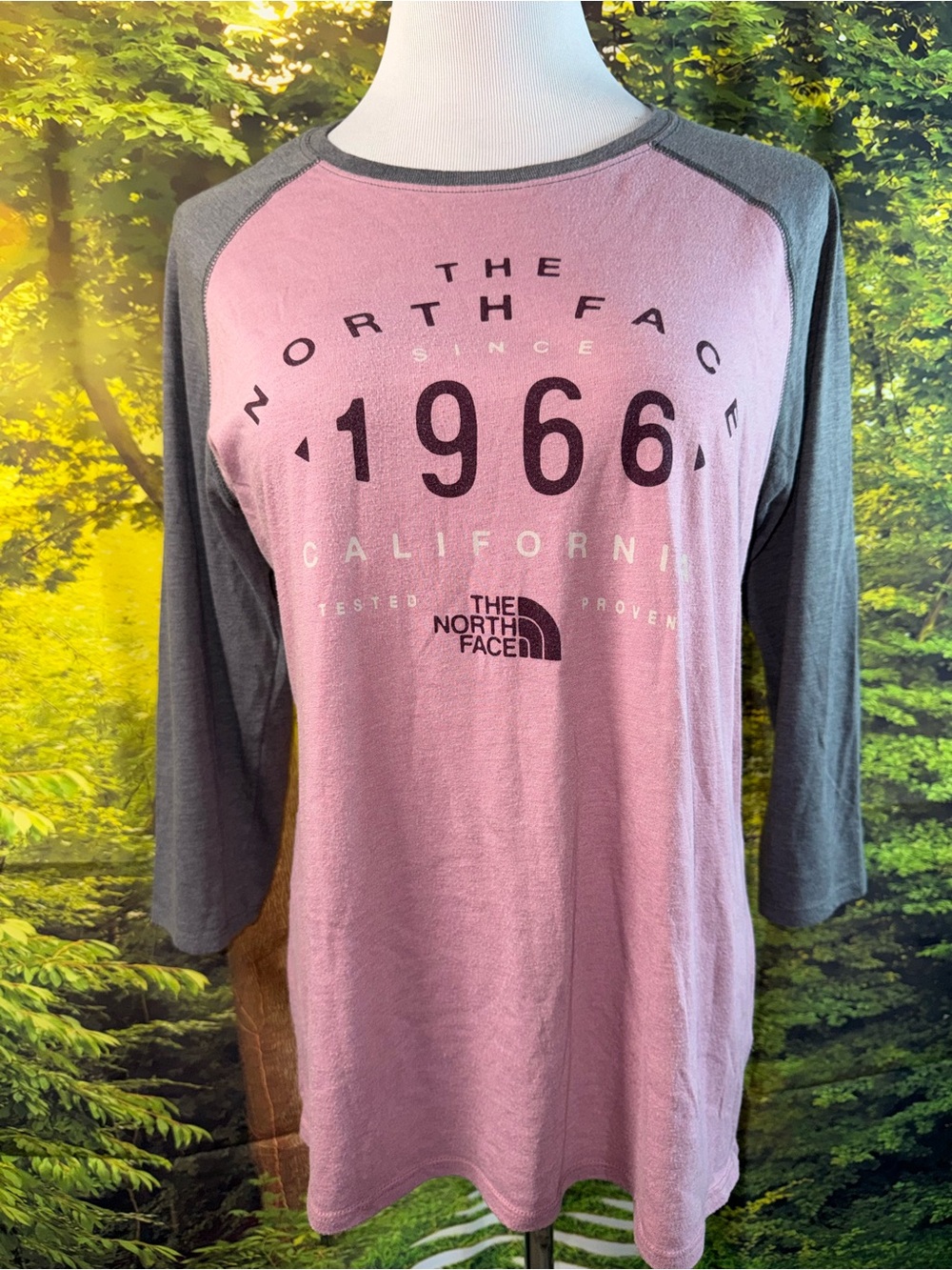 945-The North Face Women's Raglan Long Sleeve Tee in Mauve Pink and Charcoal